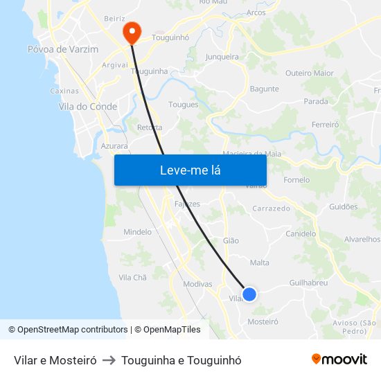 Vilar e Mosteiró to Touguinha e Touguinhó map