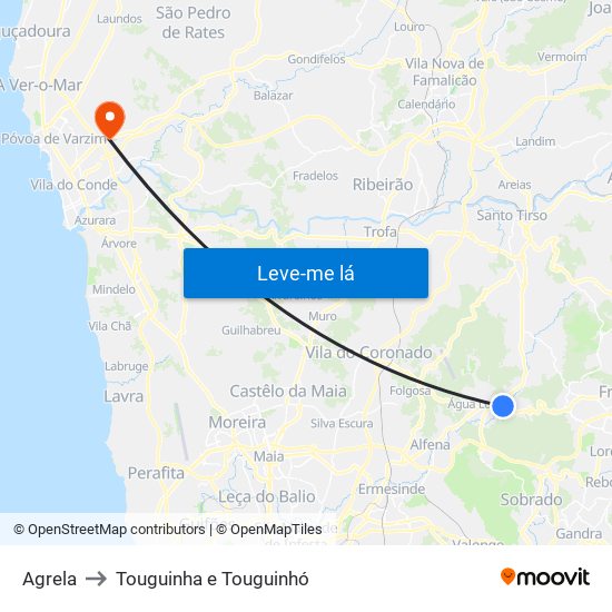 Agrela to Touguinha e Touguinhó map