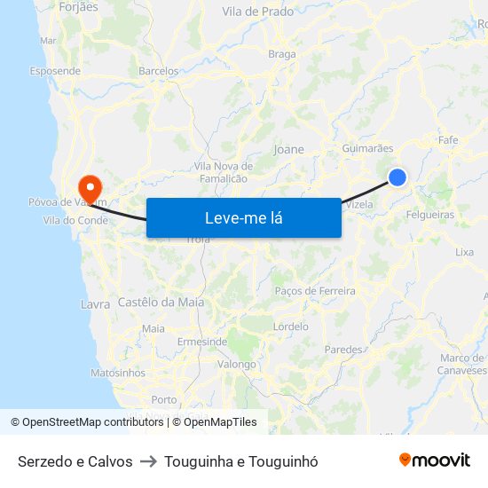 Serzedo e Calvos to Touguinha e Touguinhó map