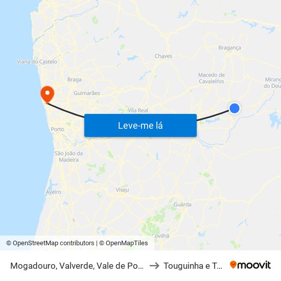 Mogadouro, Valverde, Vale de Porco e Vilar de Rei to Touguinha e Touguinhó map