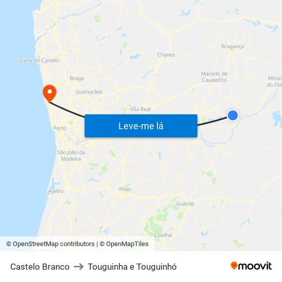 Castelo Branco to Touguinha e Touguinhó map