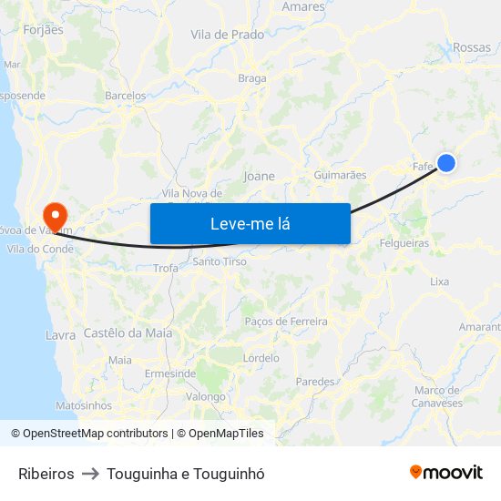 Ribeiros to Touguinha e Touguinhó map