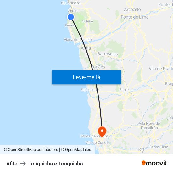 Afife to Touguinha e Touguinhó map