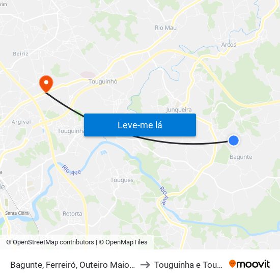 Bagunte, Ferreiró, Outeiro Maior e Parada to Touguinha e Touguinhó map