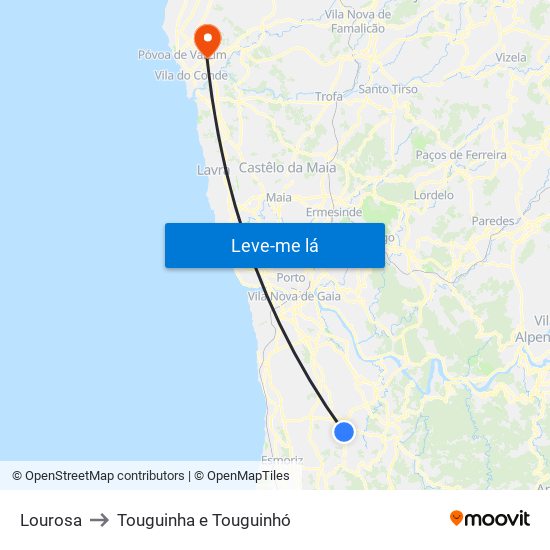 Lourosa to Touguinha e Touguinhó map