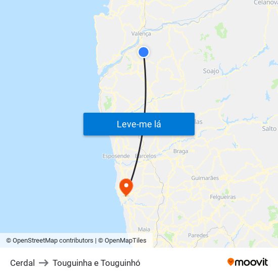 Cerdal to Touguinha e Touguinhó map