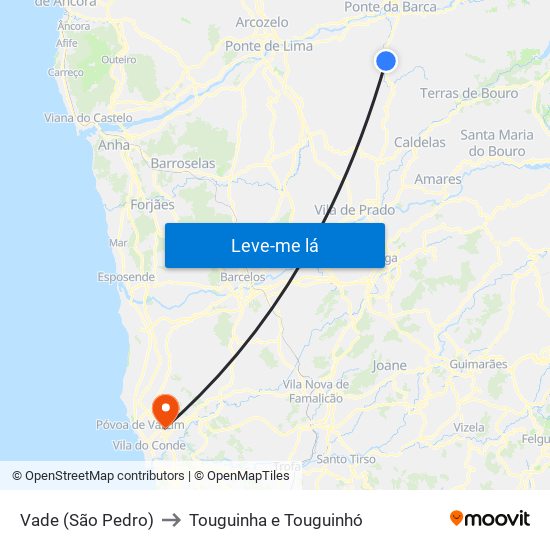 Vade (São Pedro) to Touguinha e Touguinhó map