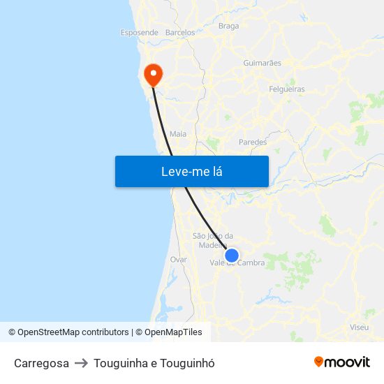 Carregosa to Touguinha e Touguinhó map