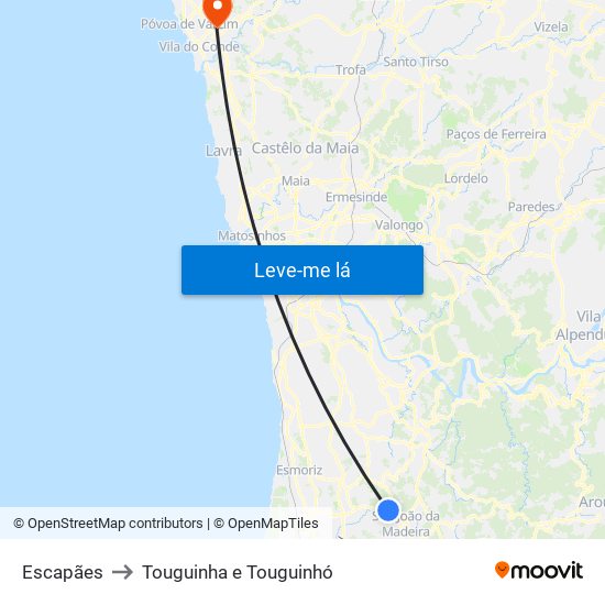 Escapães to Touguinha e Touguinhó map