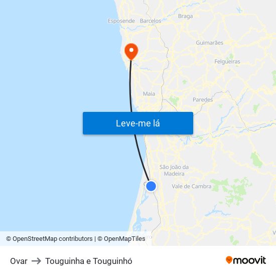 Ovar to Touguinha e Touguinhó map