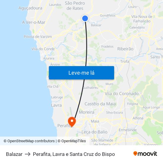 Balazar to Perafita, Lavra e Santa Cruz do Bispo map