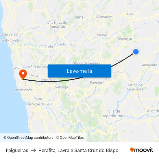 Felgueiras to Perafita, Lavra e Santa Cruz do Bispo map