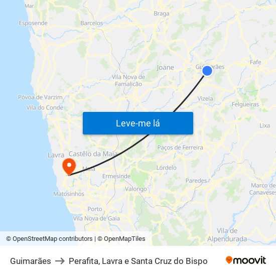 Guimarães to Perafita, Lavra e Santa Cruz do Bispo map