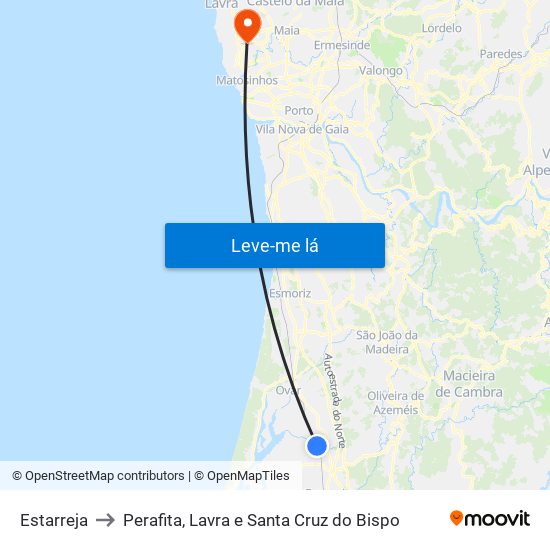 Estarreja to Perafita, Lavra e Santa Cruz do Bispo map