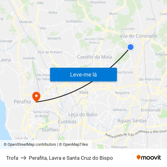 Trofa to Perafita, Lavra e Santa Cruz do Bispo map