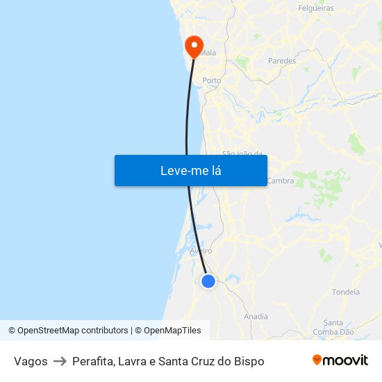 Vagos to Perafita, Lavra e Santa Cruz do Bispo map