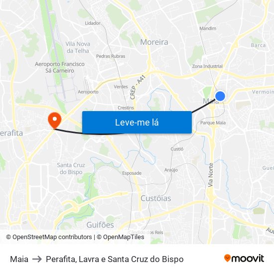 Maia to Perafita, Lavra e Santa Cruz do Bispo map