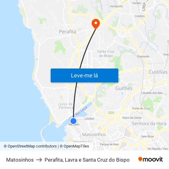 Matosinhos to Perafita, Lavra e Santa Cruz do Bispo map