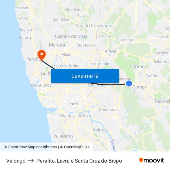 Valongo to Perafita, Lavra e Santa Cruz do Bispo map