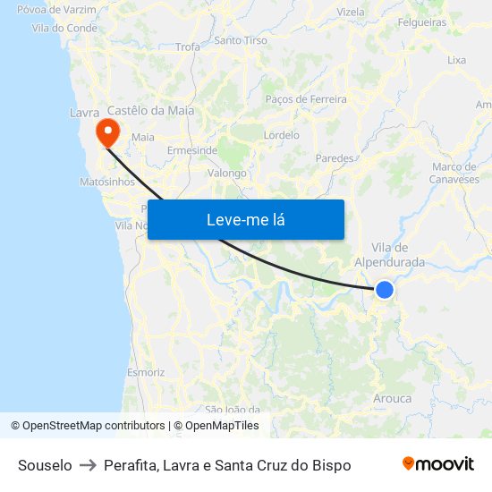 Souselo to Perafita, Lavra e Santa Cruz do Bispo map