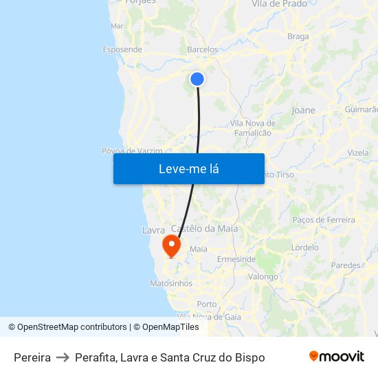 Pereira to Perafita, Lavra e Santa Cruz do Bispo map