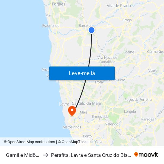 Gamil e Midões to Perafita, Lavra e Santa Cruz do Bispo map