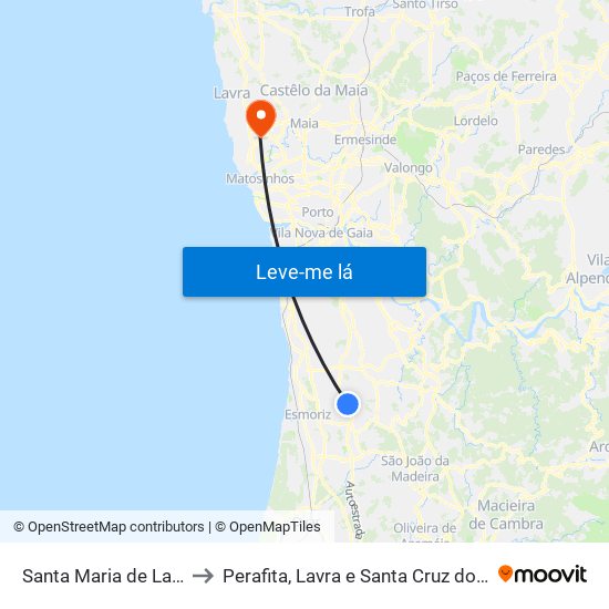 Santa Maria de Lamas to Perafita, Lavra e Santa Cruz do Bispo map