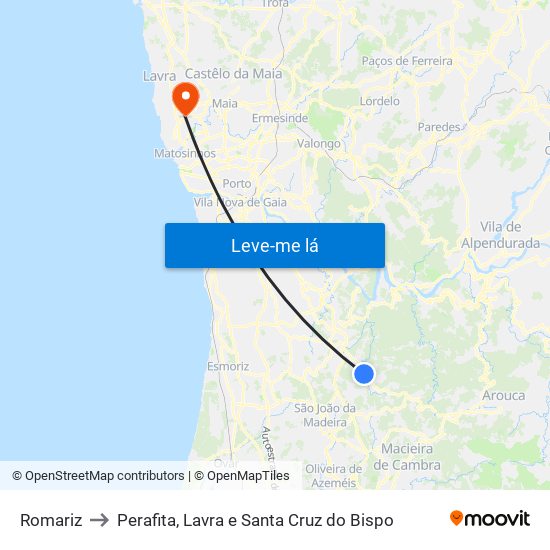 Romariz to Perafita, Lavra e Santa Cruz do Bispo map