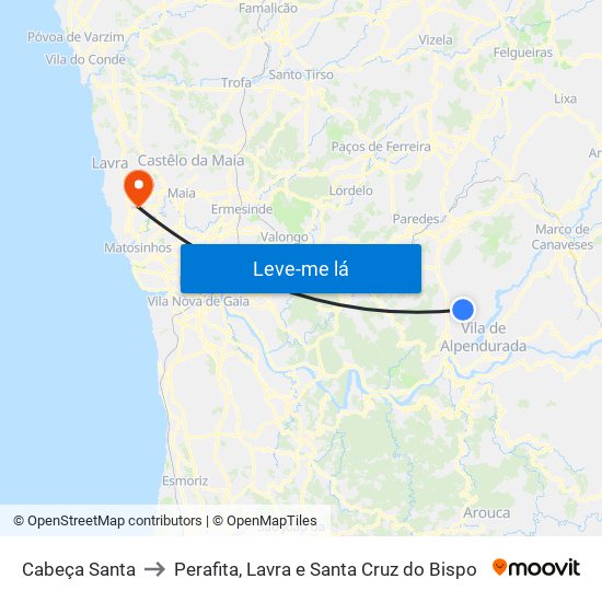 Cabeça Santa to Perafita, Lavra e Santa Cruz do Bispo map
