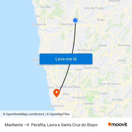 Manhente to Perafita, Lavra e Santa Cruz do Bispo map