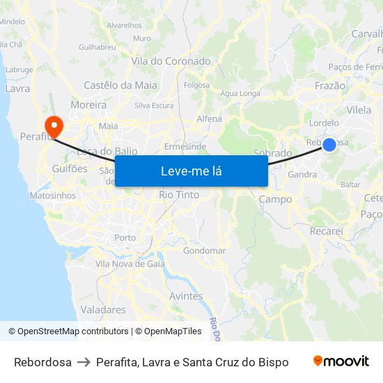Rebordosa to Perafita, Lavra e Santa Cruz do Bispo map