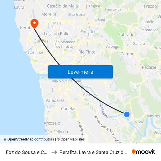 Foz do Sousa e Covelo to Perafita, Lavra e Santa Cruz do Bispo map