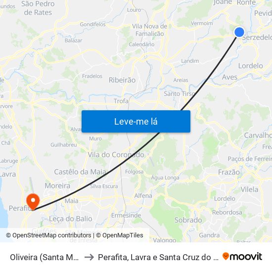 Oliveira (Santa Maria) to Perafita, Lavra e Santa Cruz do Bispo map