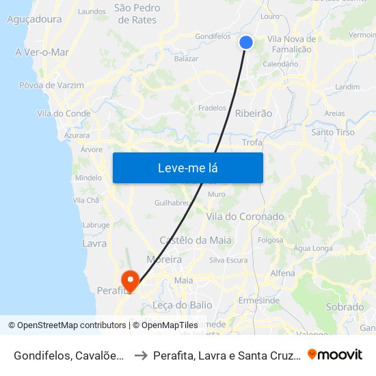 Gondifelos, Cavalões e Outiz to Perafita, Lavra e Santa Cruz do Bispo map