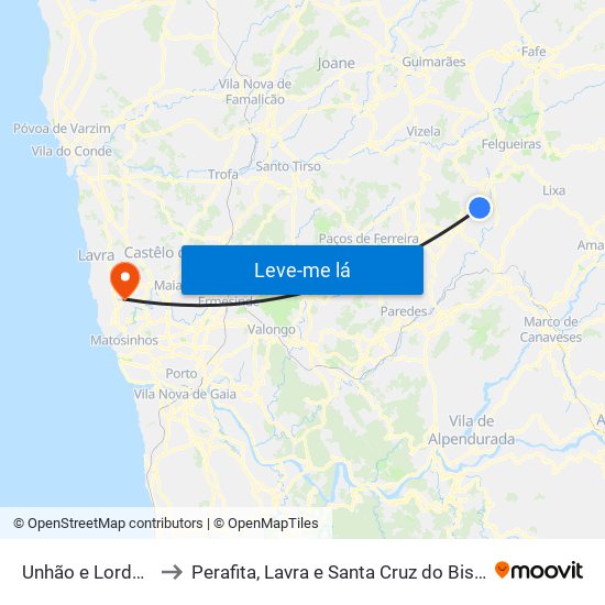 Unhão e Lordelo to Perafita, Lavra e Santa Cruz do Bispo map