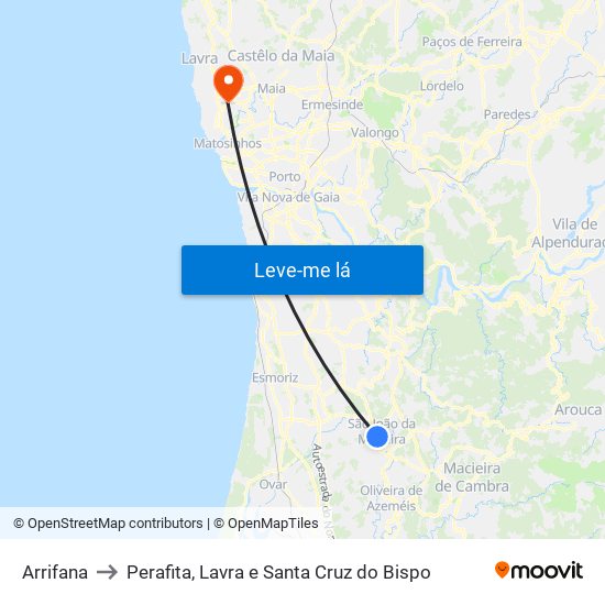 Arrifana to Perafita, Lavra e Santa Cruz do Bispo map