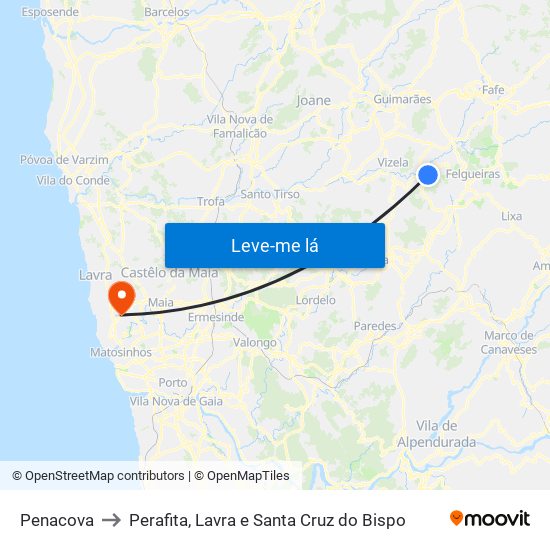 Penacova to Perafita, Lavra e Santa Cruz do Bispo map