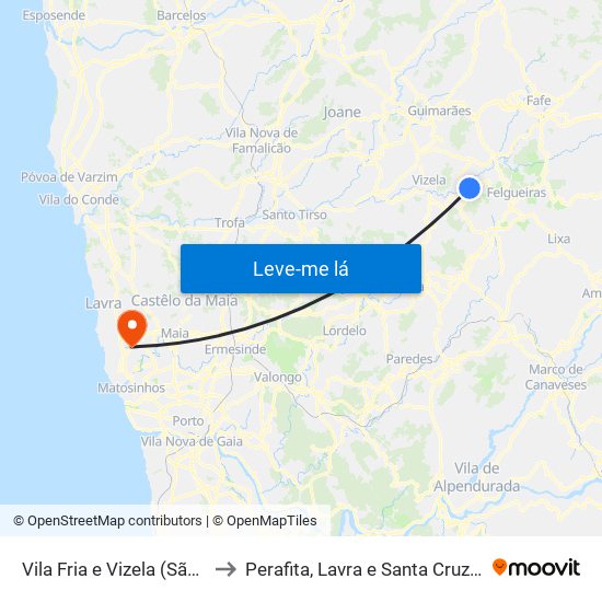 Vila Fria e Vizela (São Jorge) to Perafita, Lavra e Santa Cruz do Bispo map