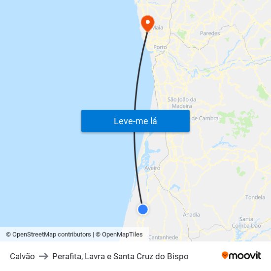 Calvão to Perafita, Lavra e Santa Cruz do Bispo map