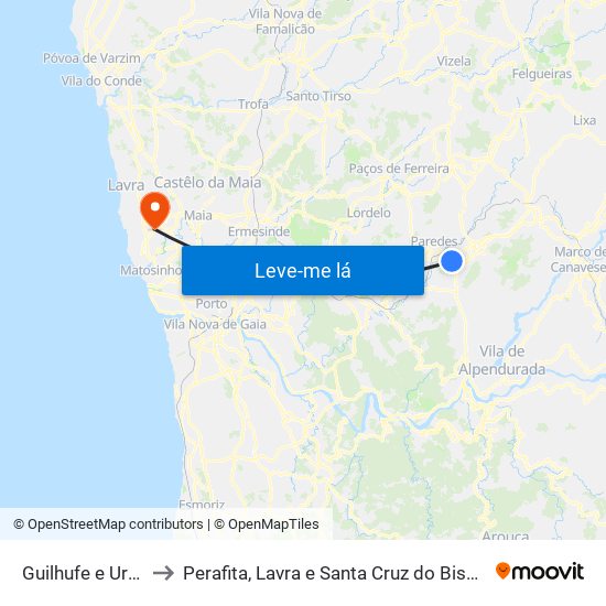 Guilhufe e Urrô to Perafita, Lavra e Santa Cruz do Bispo map