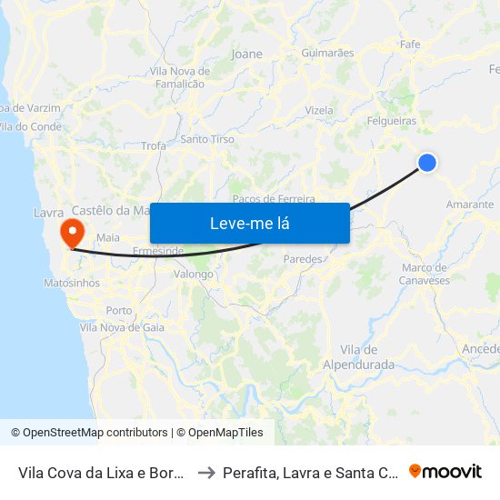 Vila Cova da Lixa e Borba de Godim to Perafita, Lavra e Santa Cruz do Bispo map