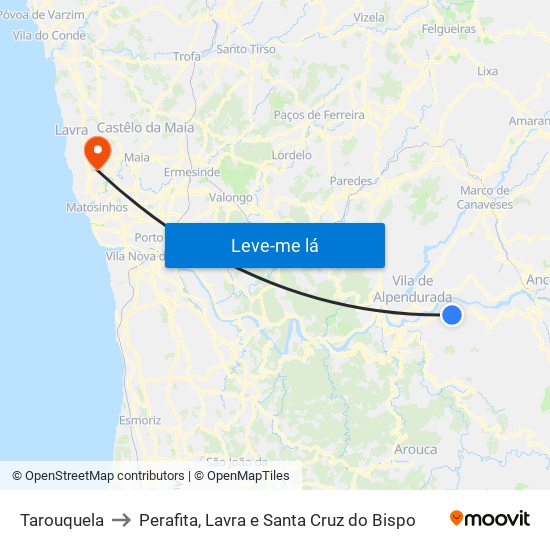 Tarouquela to Perafita, Lavra e Santa Cruz do Bispo map