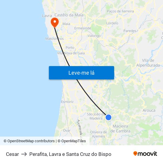 Cesar to Perafita, Lavra e Santa Cruz do Bispo map