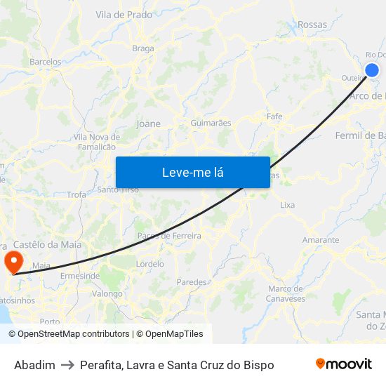 Abadim to Perafita, Lavra e Santa Cruz do Bispo map