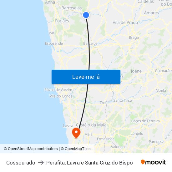Cossourado to Perafita, Lavra e Santa Cruz do Bispo map