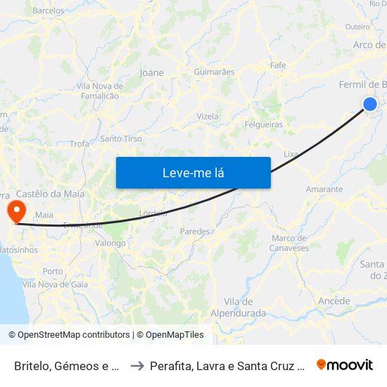 Britelo, Gémeos e Ourilhe to Perafita, Lavra e Santa Cruz do Bispo map