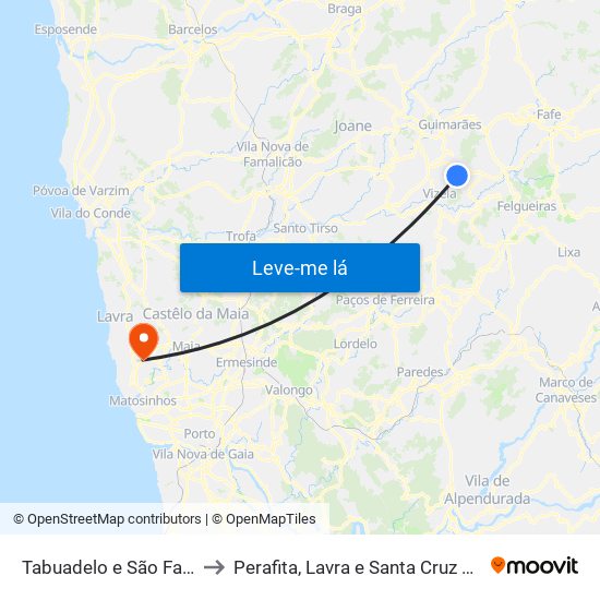 Tabuadelo e São Faustino to Perafita, Lavra e Santa Cruz do Bispo map