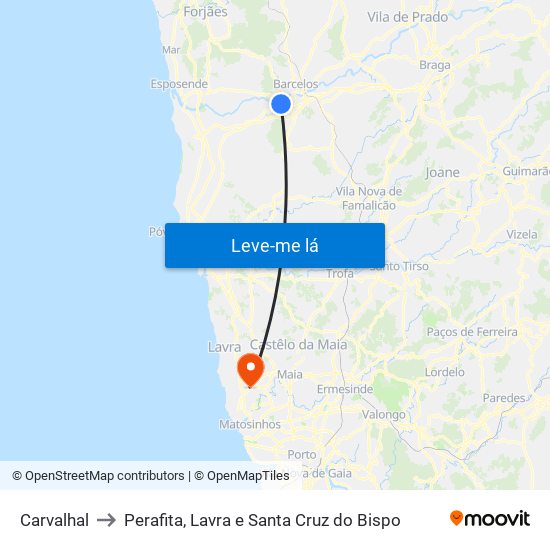 Carvalhal to Perafita, Lavra e Santa Cruz do Bispo map