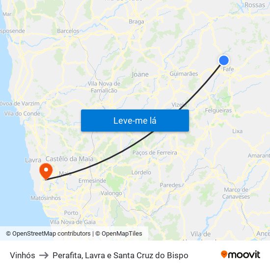 Vinhós to Perafita, Lavra e Santa Cruz do Bispo map