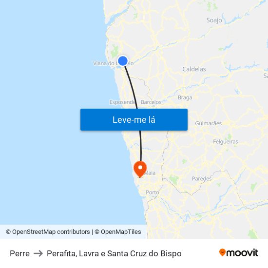 Perre to Perafita, Lavra e Santa Cruz do Bispo map